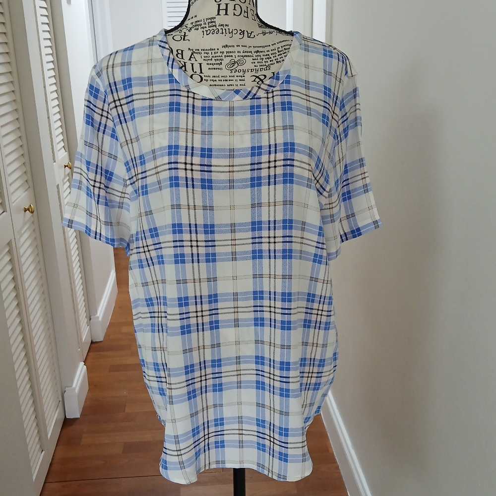 Equipment Femme Womens 100% Silk Short Sleeve Blue Plaid‎ Top Shirt Blouse